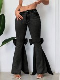Bowknot Slim-Fit Stretch Flared Bottom Denim Pants