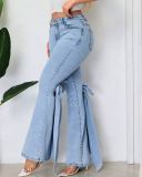 Bowknot Slim-Fit Stretch Flared Bottom Denim Pants