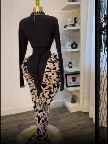 Sexy long-sleeved printed ​​pleated slim-fit maxi dress