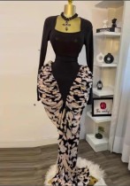 Sexy long-sleeved printed ​​pleated slim-fit maxi dress