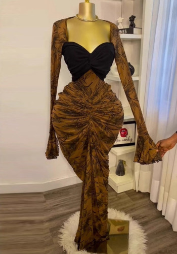 Pleated nightclub sexy dress long sleeve long dress