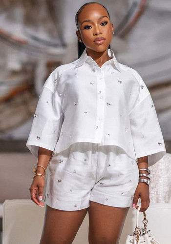 Women's beaded white shirt high waist shorts two-piece set