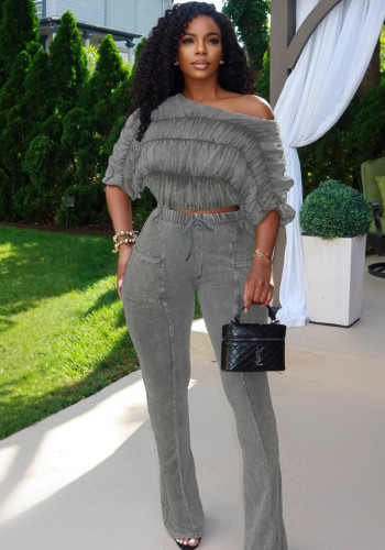 Women's Casual Solid Color Pleated Crop Top Flared Pants Two-Piece Set