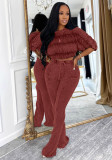 Women's Casual Solid Color Pleated Crop Top Flared Pants Two-Piece Set