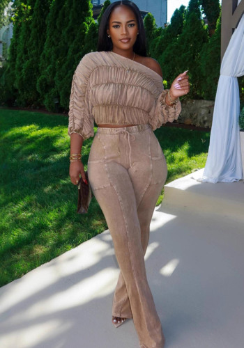 Women's Casual Solid Color Pleated Crop Top Flared Pants Two-Piece Set