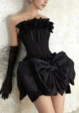 Retro black bow knot bustier top short skirt two-piece set