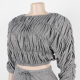 Women's Casual Solid Color Pleated Crop Top Flared Pants Two-Piece Set