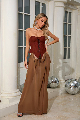 Retro Lace-up Tube Maxi Dress Women Sexy Elegant Party Dress
