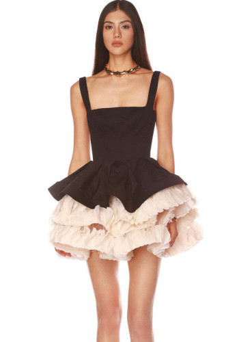 Retro contrast color square neck tutu skirt party evening dress high-end suspender dress