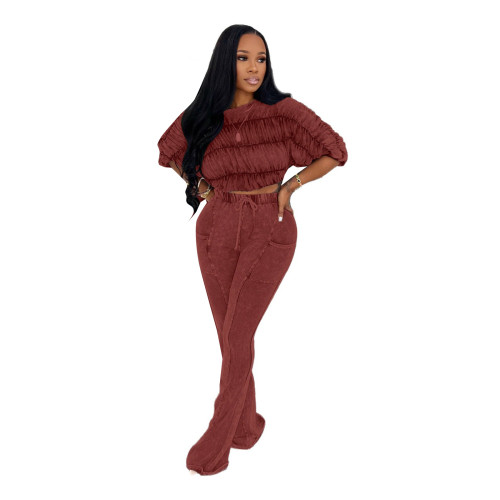 Women's Casual Solid Color Pleated Crop Top Flared Pants Two-Piece Set