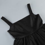 Retro contrast color square neck tutu skirt party evening dress high-end suspender dress