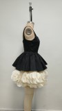 Retro contrast color square neck tutu skirt party evening dress high-end suspender dress