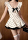 Bowknot french polka dot sleeveless dress slim waist sweet style tutu skirt