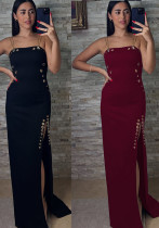 Women Solid Color Keyhole Strap Slit Long Evening Dress