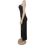 Women Solid Color Keyhole Strap Slit Long Evening Dress
