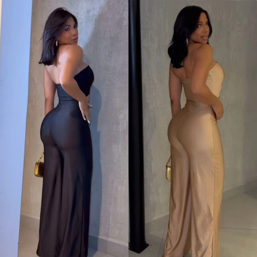 Women Solid Color Strapless Cut Out Tube Jumpsuit