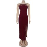 Women Solid Color Keyhole Strap Slit Long Evening Dress