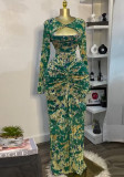 Women's autumn printed long sleeve high waist slim long dress