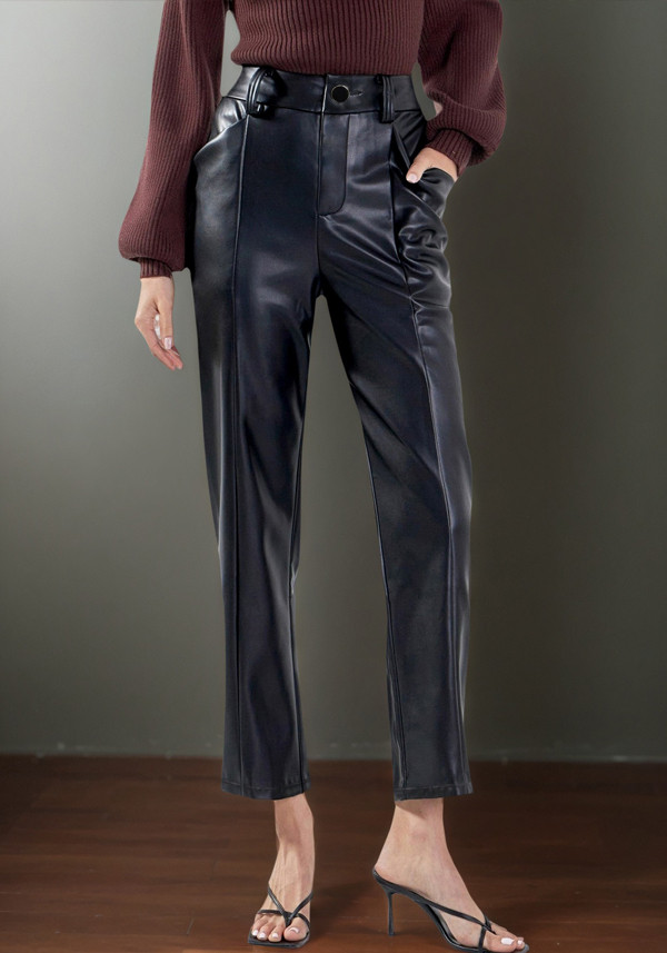 Women's autumn and winter high waist PU leather straight trousers