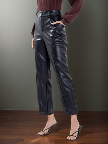 Women's autumn and winter high waist PU leather straight trousers