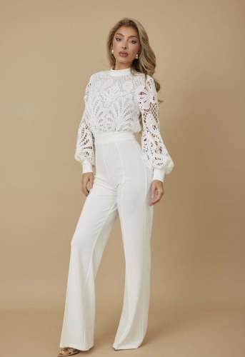 Women's lace white long-sleeved casual wide-leg jumpsuit
