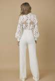 Women's lace white long-sleeved casual wide-leg jumpsuit