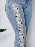 Embroidered women's retro high-waist flared denim trousers