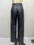 Women's autumn and winter high waist PU leather straight trousers