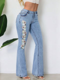 Embroidered women's retro high-waist flared denim trousers