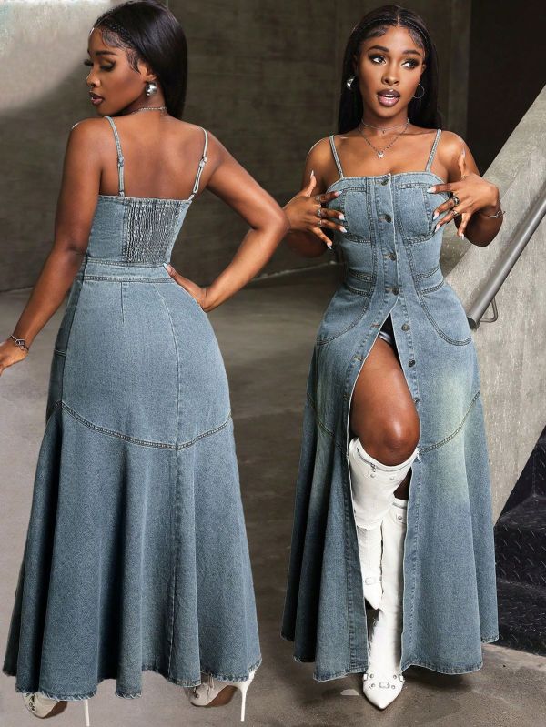 Mid-length single-breasted long denim dress