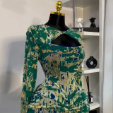 Women's autumn printed long sleeve high waist slim long dress