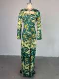 Women's autumn printed long sleeve high waist slim long dress