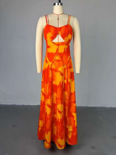 Women's printed sleeveless high waist slim long dress 