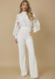 Women's lace white long-sleeved casual wide-leg jumpsuit