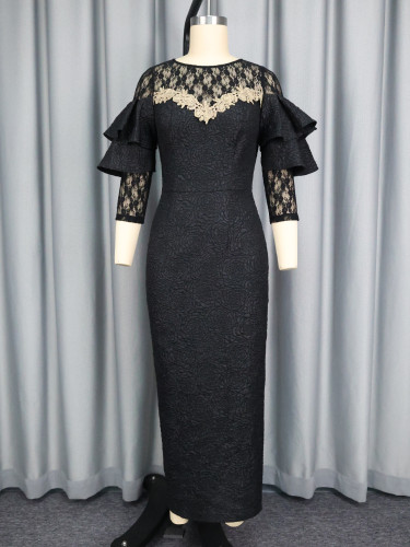 Retro black jacquard evening party dress