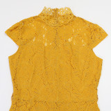 Women Solid Color Round Neck Short-Sleeved Lace Jumpsuit