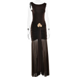 Women's sexy solid color dress sleeveless backless slit pleated long dress