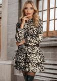 Spring Autumn Chiffon Leopard Print Bubble Long Sleeve Multi-layered Dress