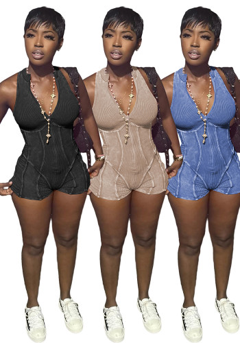 Women Casual Sleeveless Ribbed Short Rompers Jumpsuit