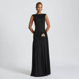 Women's sexy solid color dress sleeveless backless slit pleated long dress