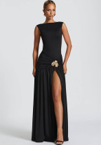 Women's sexy solid color dress sleeveless backless slit pleated long dress
