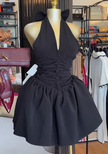 Women's V-neck halter neck bowknot backless high waist short black dress