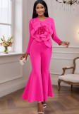 Party round neck long sleeve jumpsuit 3D flower elegant flared pants banquet jumpsuits