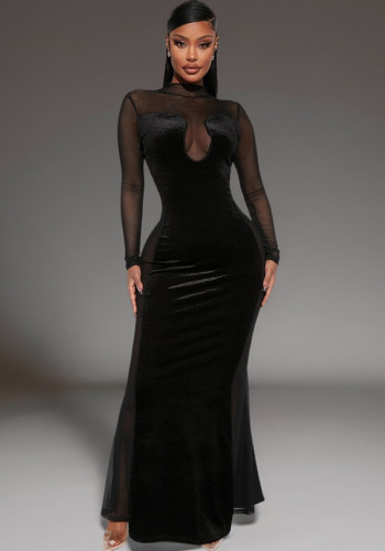Velvet mesh patchwork see-through slim sexy long fishtail dress