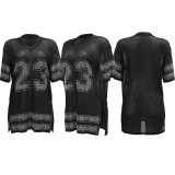 Casual women's mesh diamond see-through dress sexy slit sports V-neck shirt dress
