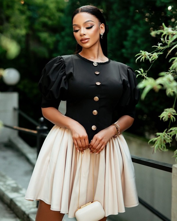 Autumn women elegant puff sleeve waist button contrast dress