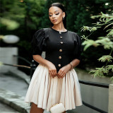 Autumn women elegant puff sleeve waist button contrast dress