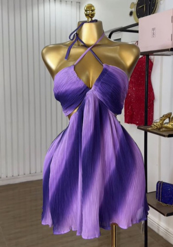 Women's purple color pleated halter neck dress