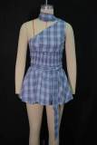 Blue halter neck plaid short skirt set women