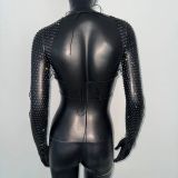 Fishnet Sexy Bra Sparkling Diamond Fake Two-Piece Long-Sleeved Top Women
